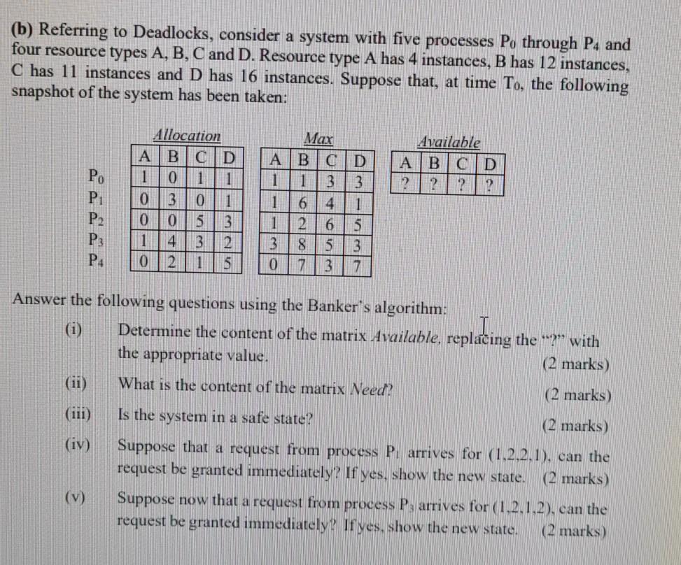 Solved (b) Referring To Deadlocks, Consider A System With | Chegg.com