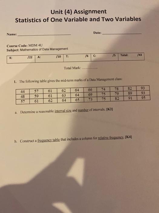 Solved Unit (4) Assignment Statistics of One Variable and | Chegg.com