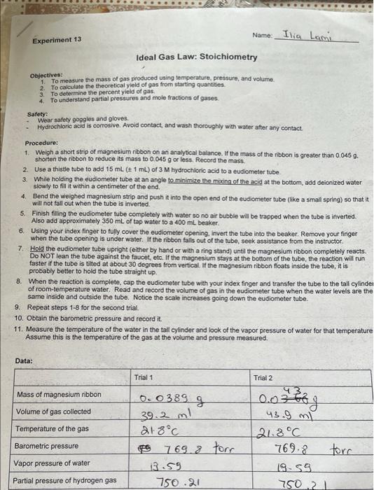 Solved Name: Ilie Lami Experiment 13 Ideal Gas Law: | Chegg.com