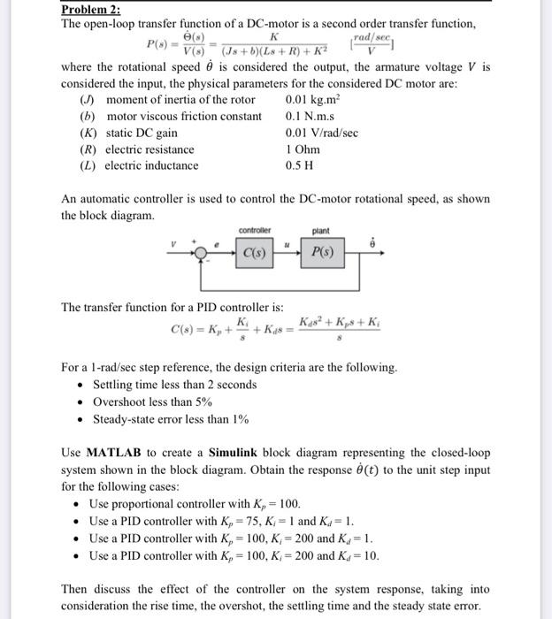 Solved Problem 2 The Open Loop Transfer Function Of A Dc Chegg Com