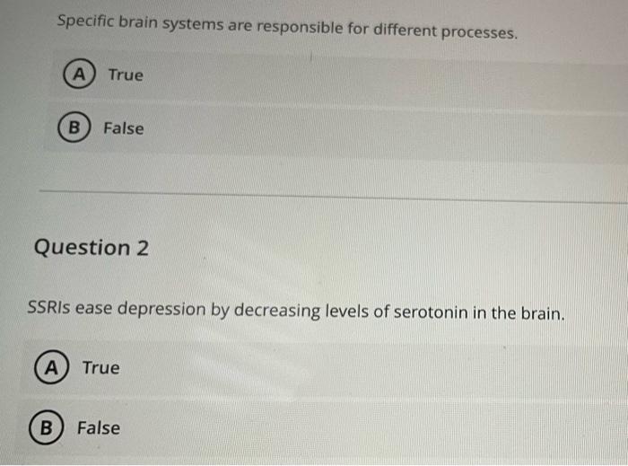 Specific brain systems are responsible for different processes.
A True
B False
Question 2
SSRIs ease depression by decreasing