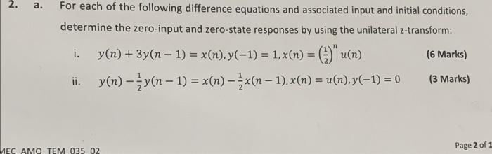 Solved 2. a. For each of the following difference equations | Chegg.com