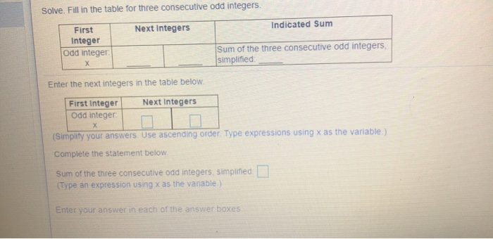 Solved Solve. Fill in the table for three consecutive odd | Chegg.com