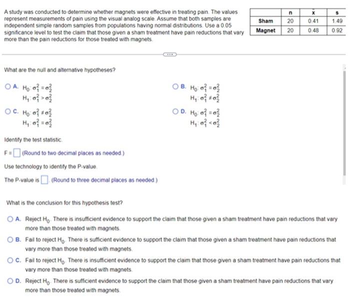 Solved A study was conducted to determine whether magnets | Chegg.com