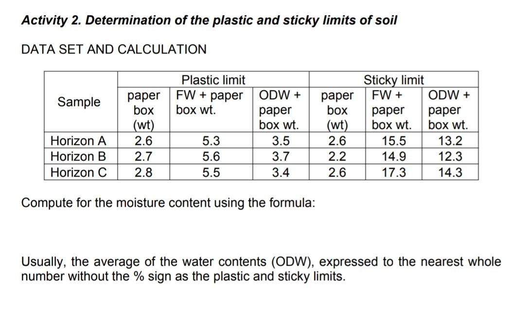 Solved Activity 2. Determination of the plastic and sticky