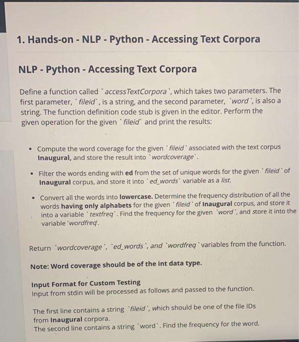 1. Hands-on - NLP - Python - Accessing Text Corpora | Chegg.com