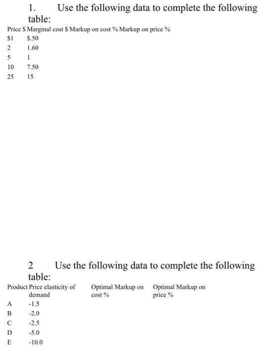 Solved 1. Use the following data to complete the following 2 | Chegg.com