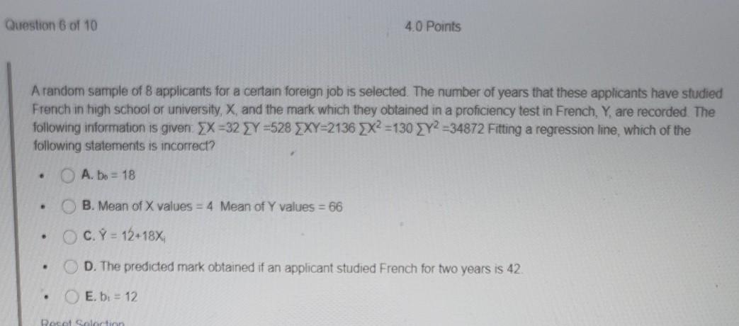 Solved Question 6 of 10 4.0 Points A random sample of 8 | Chegg.com