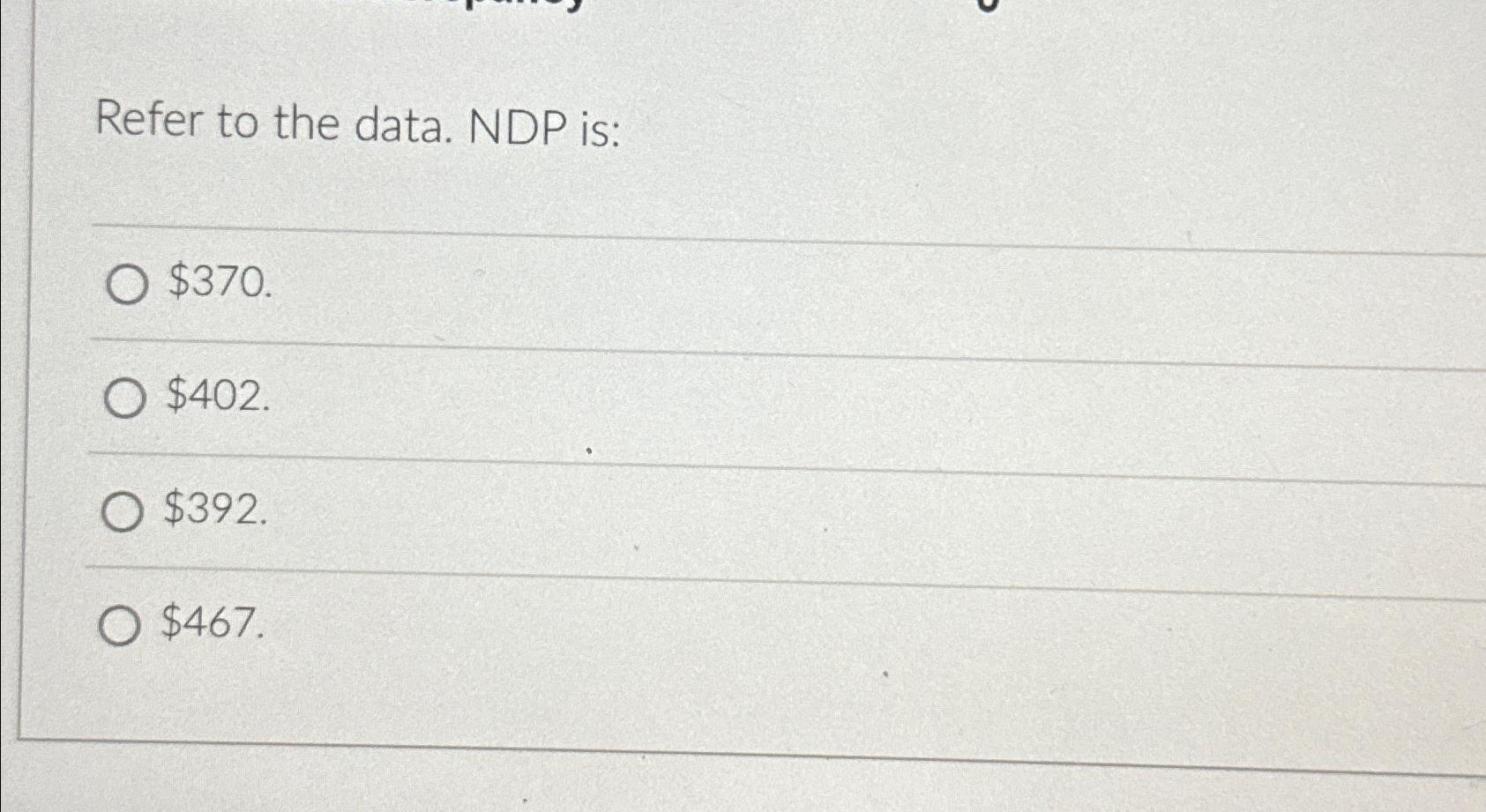 Solved Refer to the data. NDP is:$370.$402.$392.$467. | Chegg.com