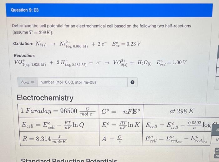 Solved Determine The Cell Potential For An Electrochemical 5780