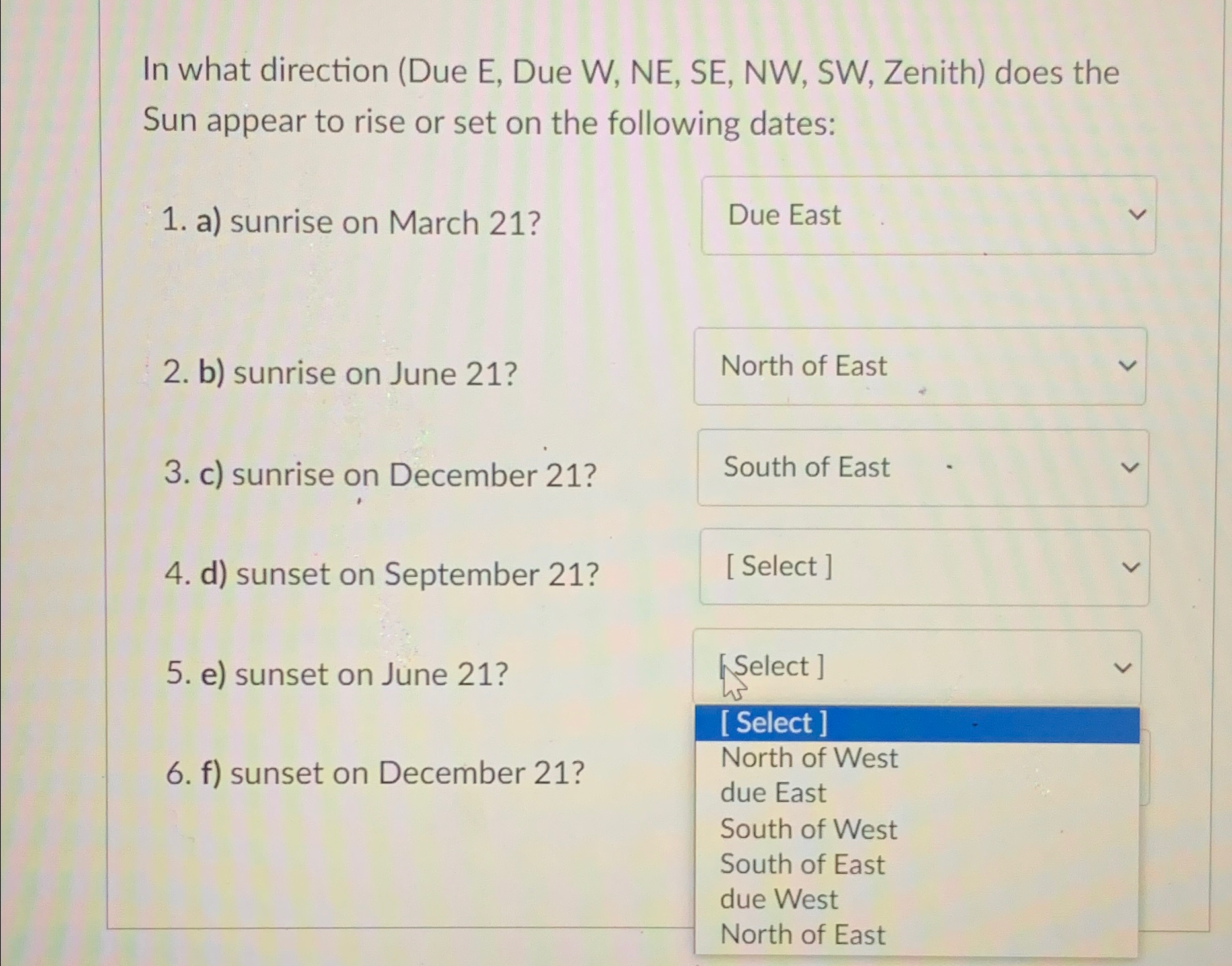 Solved In what direction (Due E, ﻿Due W, ﻿NE, ﻿SE, ﻿NW, ﻿SW, | Chegg.com