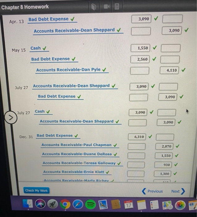 Solved hapter 8 Homework Entries for Bad Debt Expense under