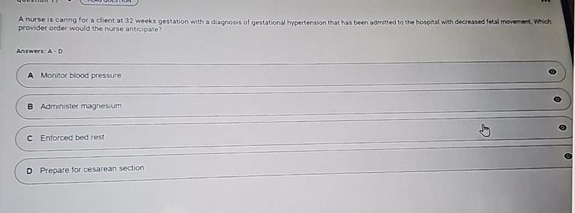 Solved A nurse is caring for a client at 32 ﻿weeks gestation | Chegg.com