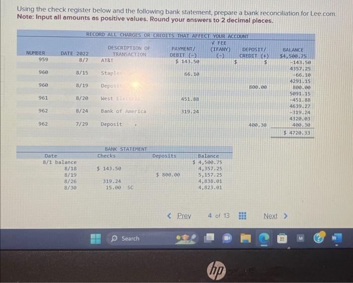Solved Using the check register below and the following bank | Chegg.com