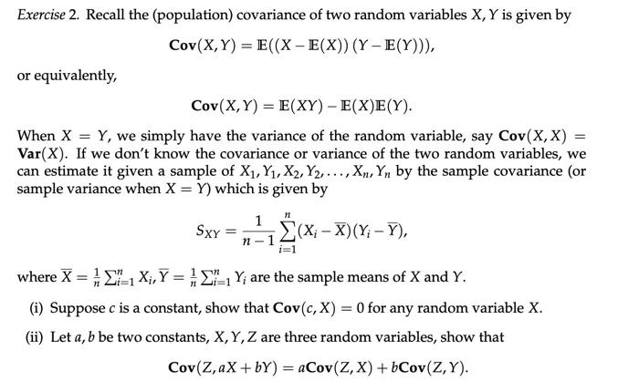 Solved Exercise 2. Recall the (population) covariance of two | Chegg.com