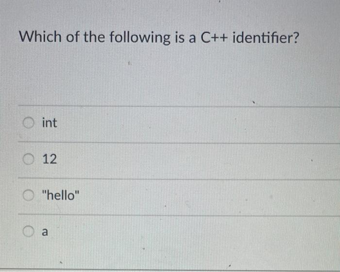 Solved Which of the following is a C++ identifier? int O 12 | Chegg.com