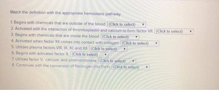 Match the definition with the appropriate hemostasis | Chegg.com