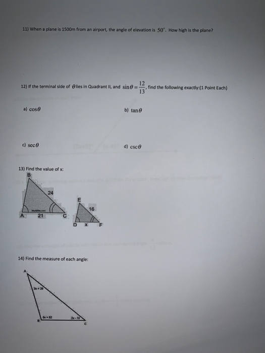 Solved 11) When a plane is 1500m from an airport, the angle | Chegg.com