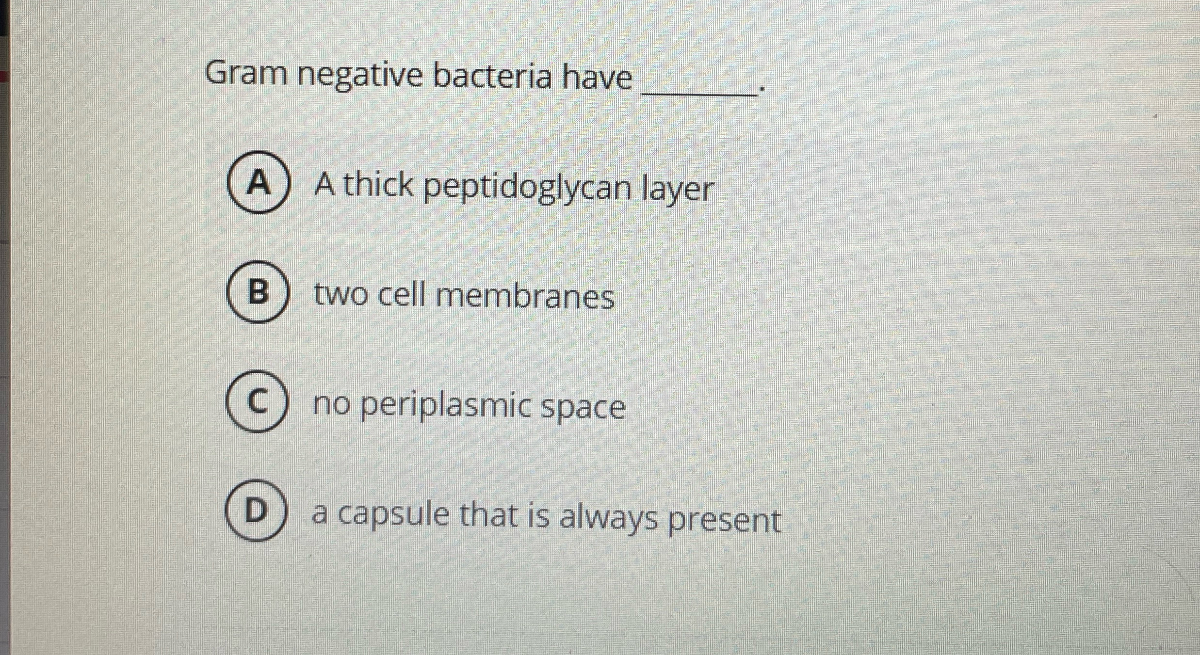 Solved Gram negative bacteria haveA thick peptidoglycan | Chegg.com