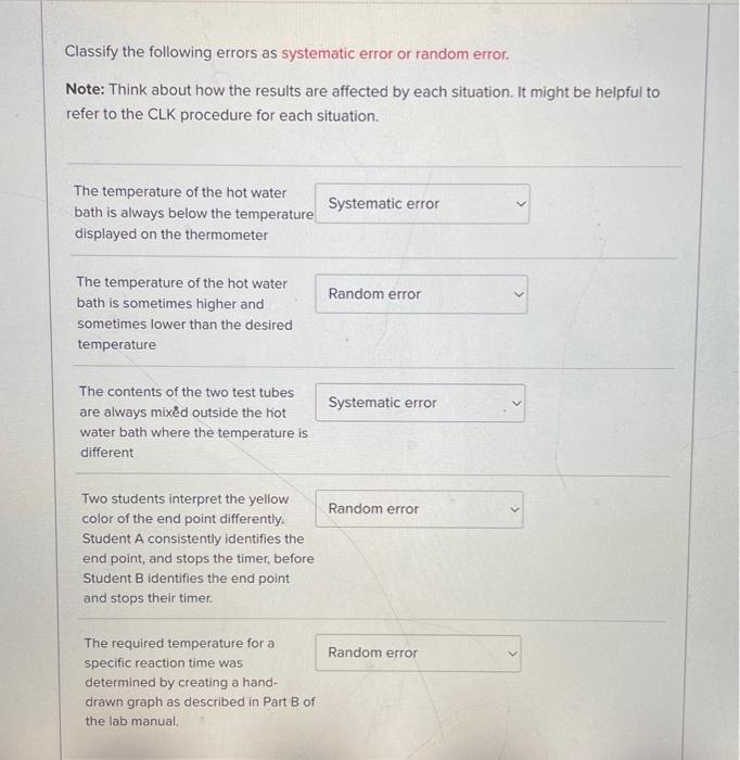 Solved Classify the following errors as systematic error or | Chegg.com