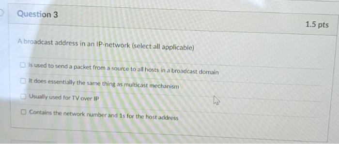 Solved A broadcast address in an IP-network (select all | Chegg.com