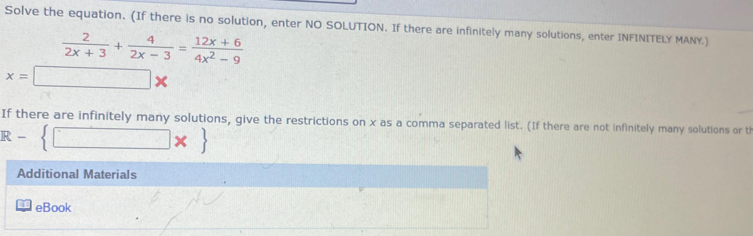 Solved Solve the equation. (If there is no solution, enter | Chegg.com