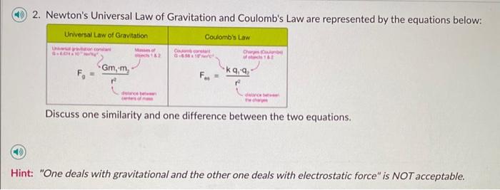20. Newtons Universal Law of Gravitation and Coulombs Law are represented by the equations below:
Discuss one similarity an