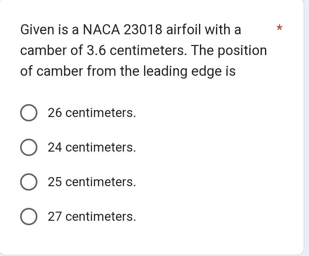 Given is a NACA 23018 airfoil with a camber of \( 3.6 \) centimeters. The position of camber from the leading edge is
26 cent