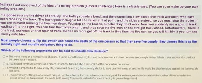 Philippa foot's deals trolley problem