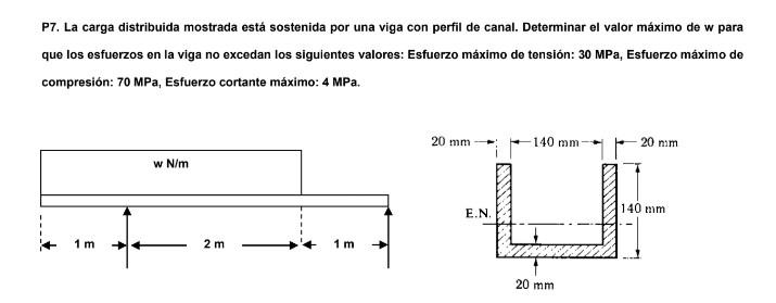 P7. La carga distribuida mostrada está sostenida por una viga con perfil de canal. Determinar el valor máximo de w para que l