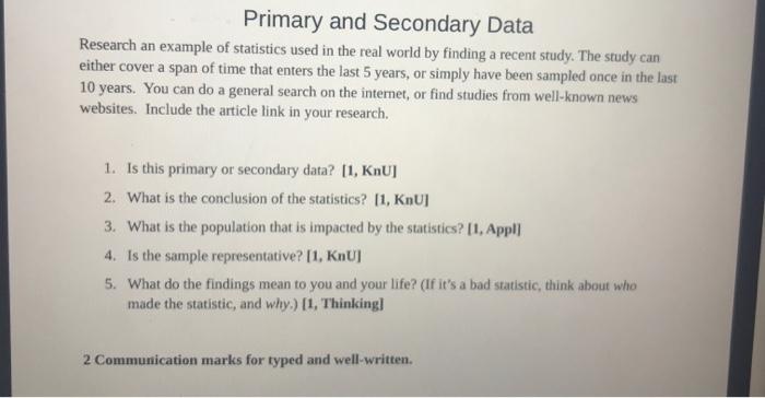 Solved Primary And Secondary Data Research An Example Of Chegg Com