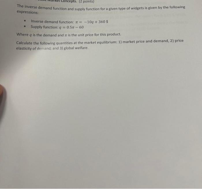 Solved The inverse demand function and supply function for a