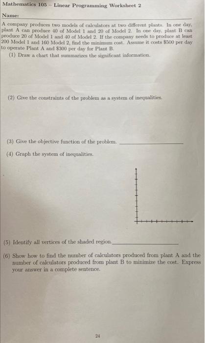 Solved Mathematics 105 - Linear Programming Worksheet 2 | Chegg.com