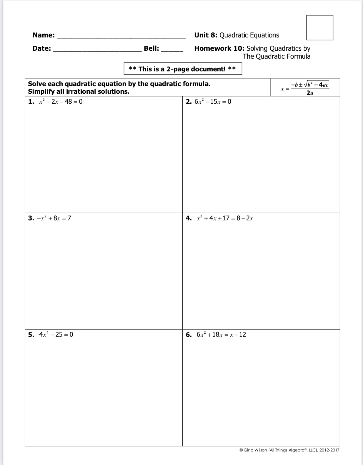 unit 8 quadratic equations homework 6 day 2