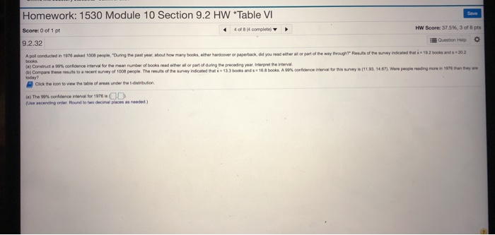 Solved Homework: 1530 Module 10 Section 9.2 HW *Table VI | Chegg.com
