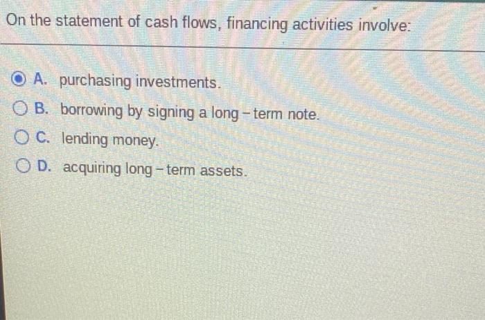 Solved On the statement of cash flows, financing activities | Chegg.com
