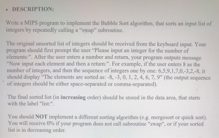 Solved • DESCRIPTION: Write a MIPS program to implement the | Chegg.com