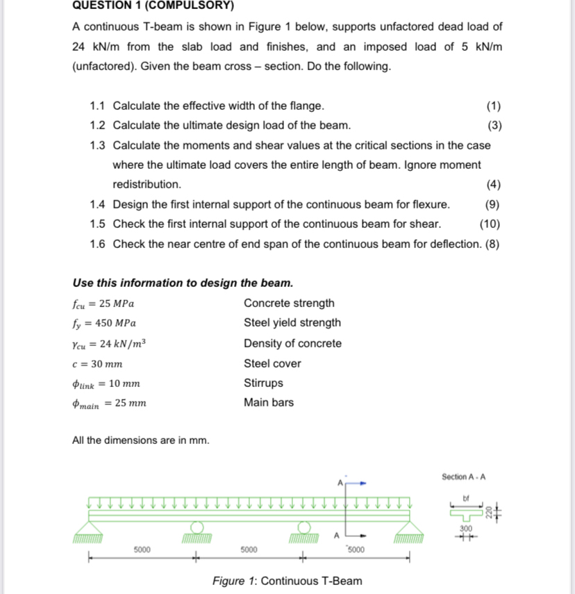 Solved QUESTION 1 (COMPULSORY)A continuous T-beam is shown | Chegg.com