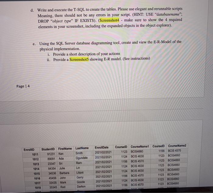 Solved d. Write and execute the T-SQL to create the tables. | Chegg.com