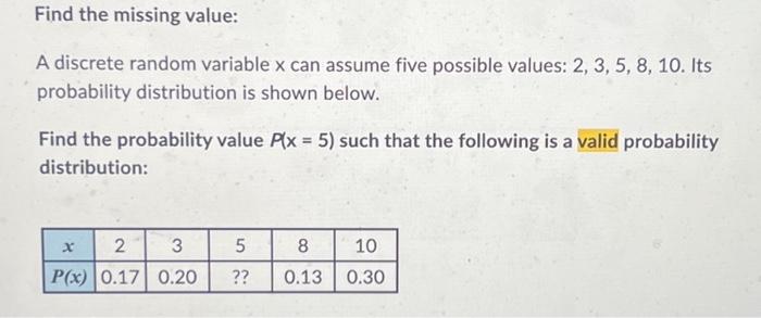 Solved Find the missing value: A discrete random variable x | Chegg.com