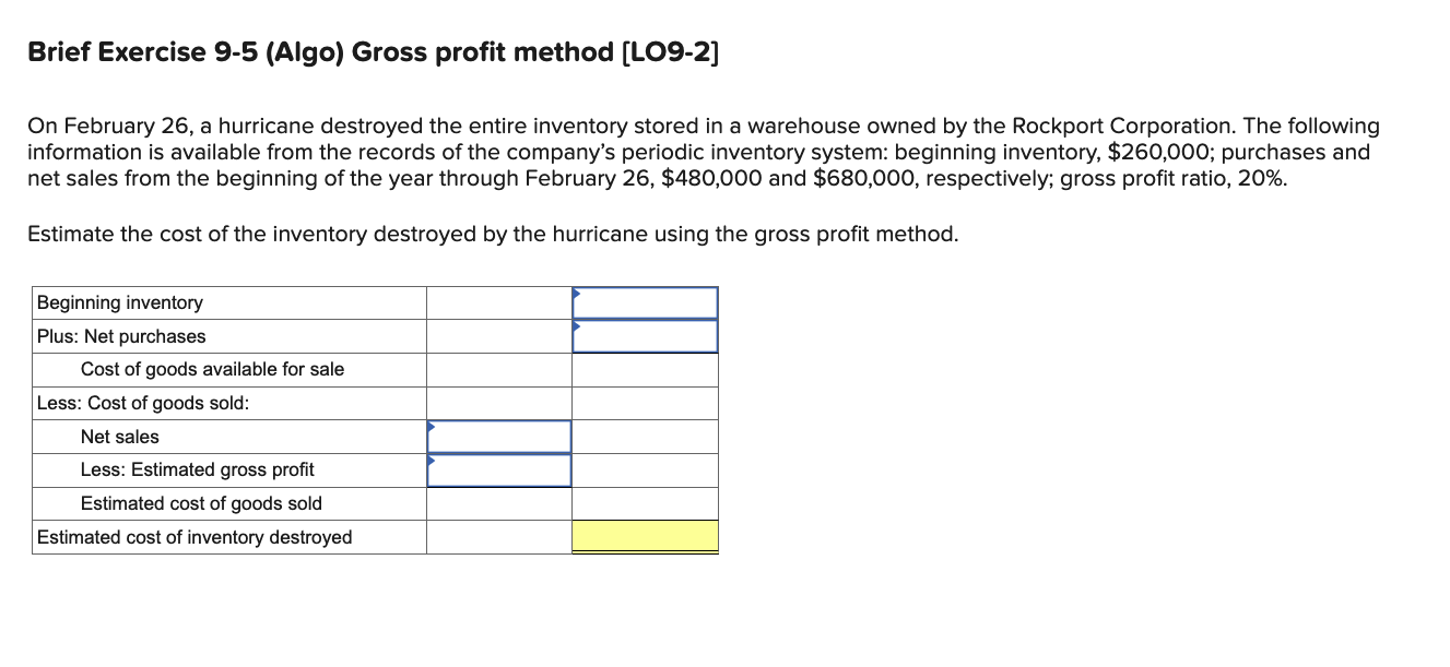 Solved brief exercise 9 5 algo gross profit method chegg