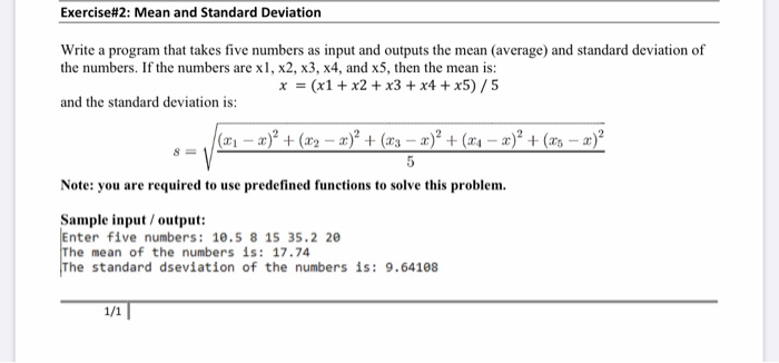 Solved Exercise#2: Mean and Standard Deviation Write a | Chegg.com