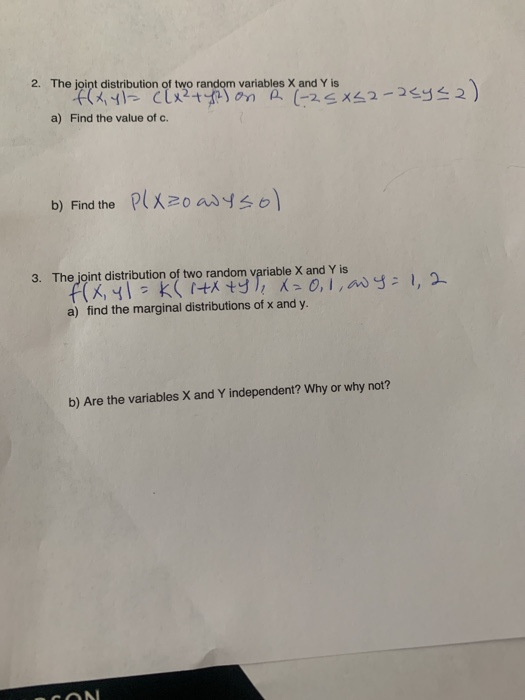 Solved 2. The joint distribution of two random variables X | Chegg.com