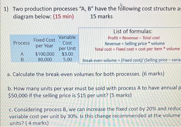 1) Two Production Processes "A, B” Have The Following | Chegg.com