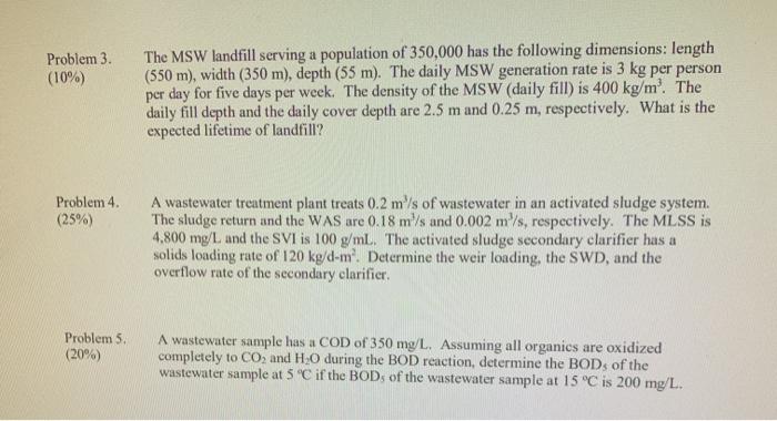 Solved Problem 3 (10%) The MSW Landfill Serving A Population | Chegg.com