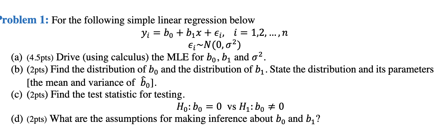 Solved Roblem 1: For The Following Simple Linear Regression | Chegg.com