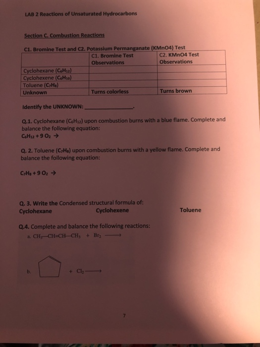 Solved LAB 2 Reactions Of Unsaturated Hydrocarbons Section | Chegg.com