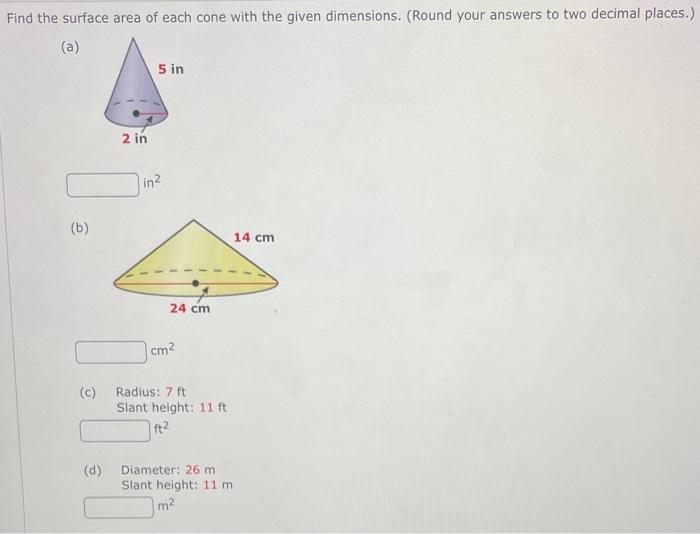 Solved Find the surface area of each cone with the given | Chegg.com