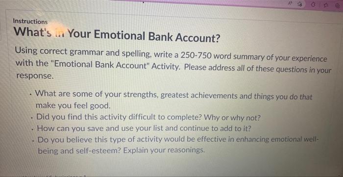 Solved Instructions What's I. Your Emotional Bank Account? | Chegg.com