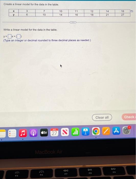 Solved Create a linear model for the data in the table. y 3 | Chegg.com